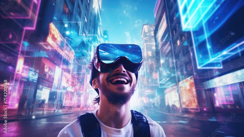 Young man wearing a VR headset is amazed by the surreal world and virtual reality Young man wearing a VR headset is amazed by the surreal world and virtual reality