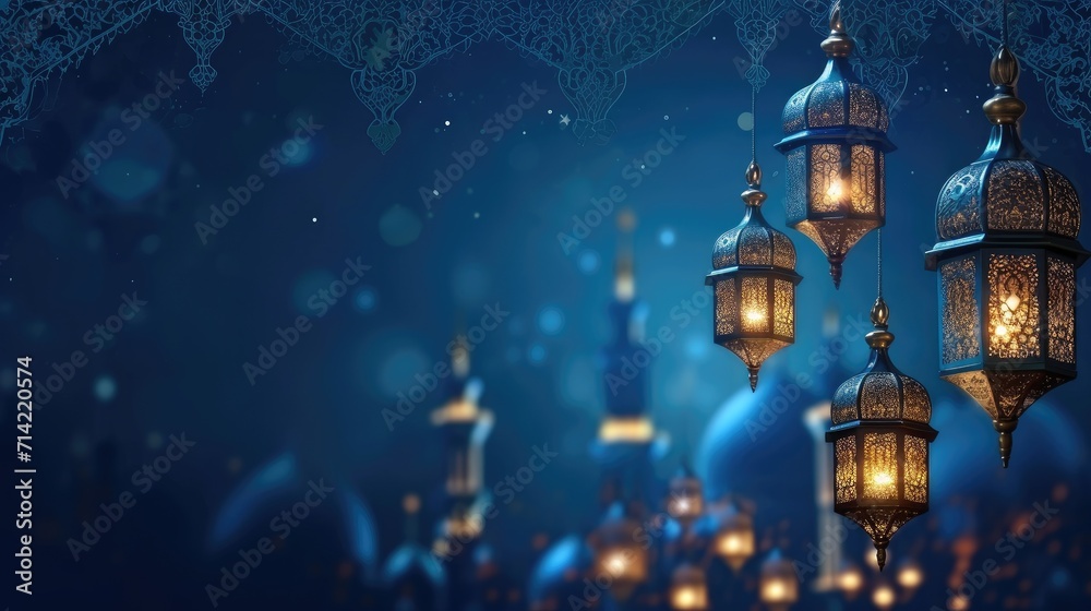Fototapeta premium Ramadan Kareem celebration background illustration with Mosque, arabic lanterns and moon.