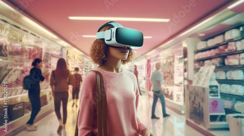 Woman wearing virtual reality glasses shopping at shopping mall. photo