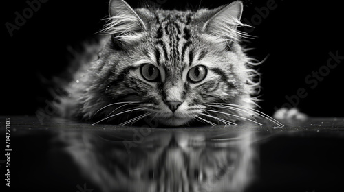 Photo of calm cat with its back turned, black and white minimal style