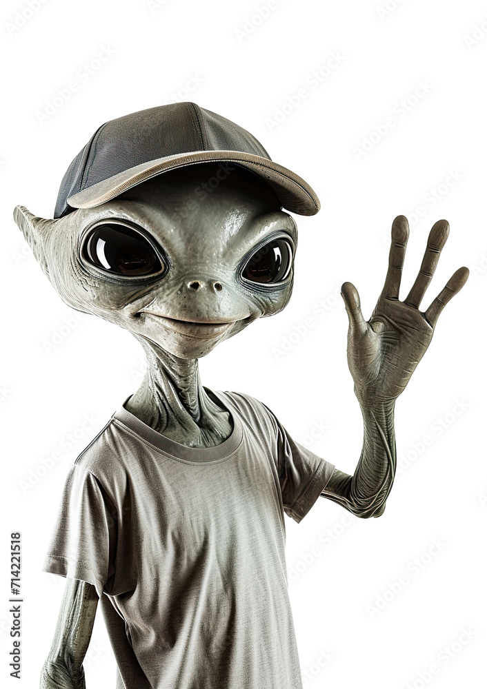 An alien with a baseball cap waving his hand