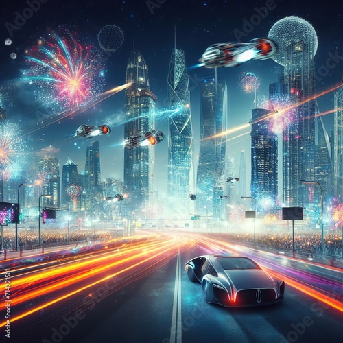 Futuristic New Year's Cityscape: Flying Cars and Dazzling Lights 