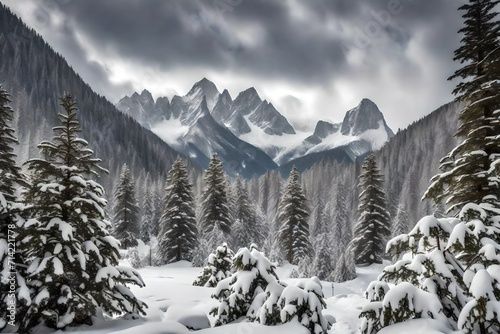 Amidst the mountainous landscape, a snowfall transforms the scenery into a winter wonderland
