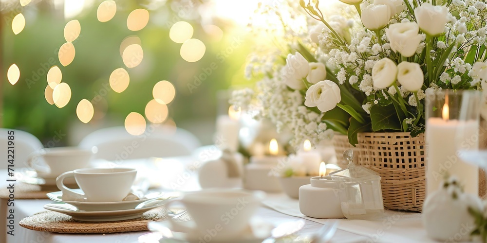 A table set for a wedding with white flowers and candles A table set for a wedding with white flowers and candles