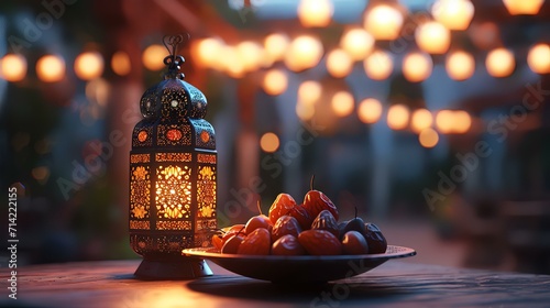 Beautiful Ramadan Kareem greeting card with date fruits and lantern.