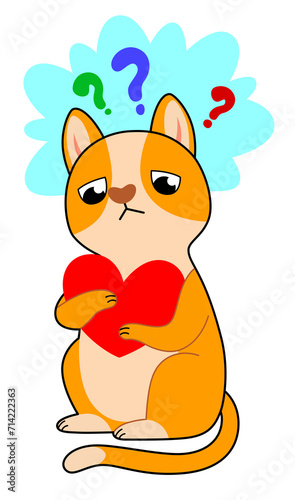 Sad red cat with a big heart. Valentine's Day Sticker