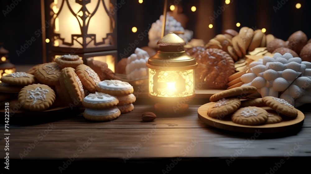 Cookies on a wooden table with a lantern. Bokeh background