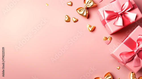 Top view photo of trendy gift boxes with ribbon bows on isolated pastel pink background with copy space. Mother s Day decorations and easter concept.