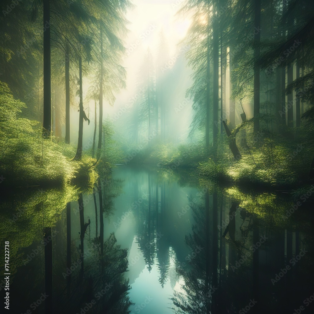 Fototapeta premium Serenity in Nature: Tranquil Forest Reflection 