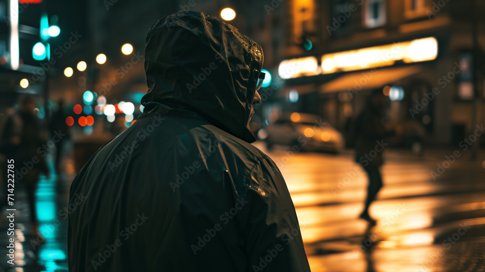 A man clad in a raincoat contemplates the rainy evening as he stands on a city street bathed in the warm glow of streetlights.
A man clad in a raincoat contemplates the rainy evening as he stands on a city street bathed in the warm glow of streetlights.