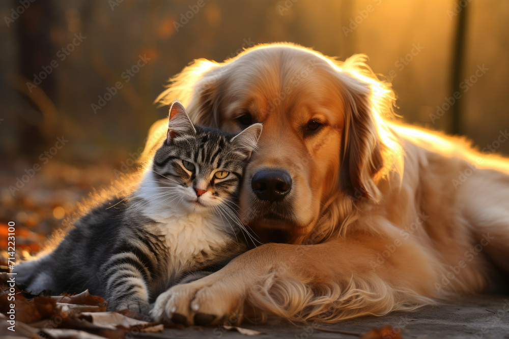 Photo of cute cat and dog hugging each other Photo of cute cat and dog hugging each other