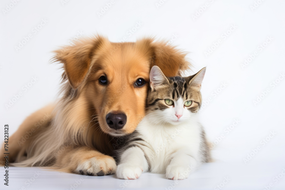 Photo of cute cat and dog hugging each other