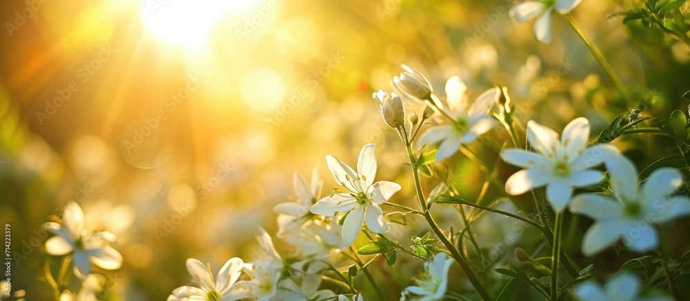 Blooming white flowers surrounded by green nature and shining sun look amazing. - obrazy, fototapety, plakaty 