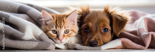 Photo of cute dog and cat looking at camera from under blanket © LFK