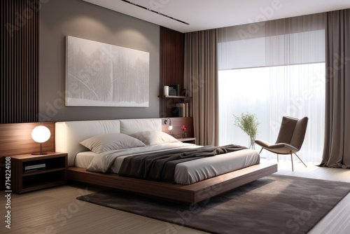 Photo of dark color minimal bedroom interior design with modern bed and decoration