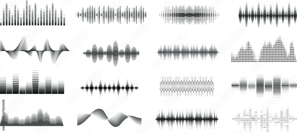 Sound wave set. Sound waves, Equalizer, Audio waves, Radio signal, Music. Recording. Vector illustration