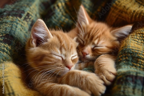 Two sleepy ginger cats cuddling on a green blanket