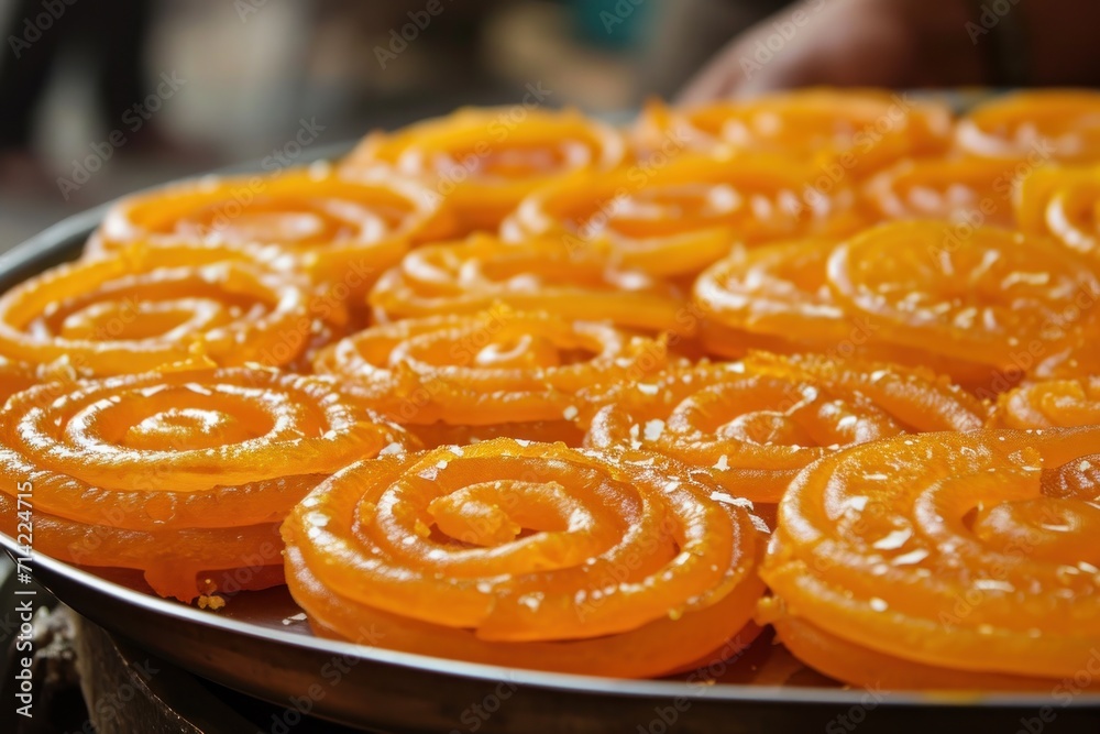 Jalebi dish, Indian sweets with sugar syrup close-up Jalebi dish, Indian sweets with sugar syrup close-up