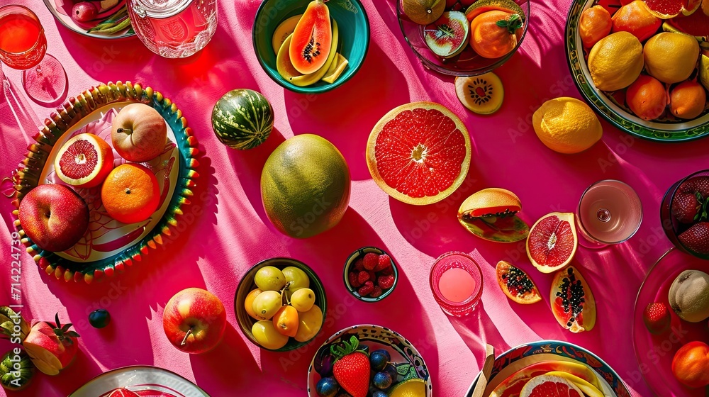 A variety of fruits and drinks on a table