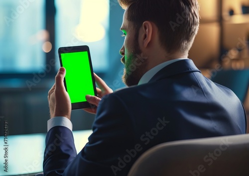 Back view portrait of a business man sitting on a chair while typing a message on a cell phone with a green screen