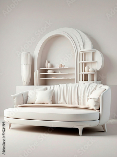 Conceptual architecture inspired furniture model in white materials and studio photography