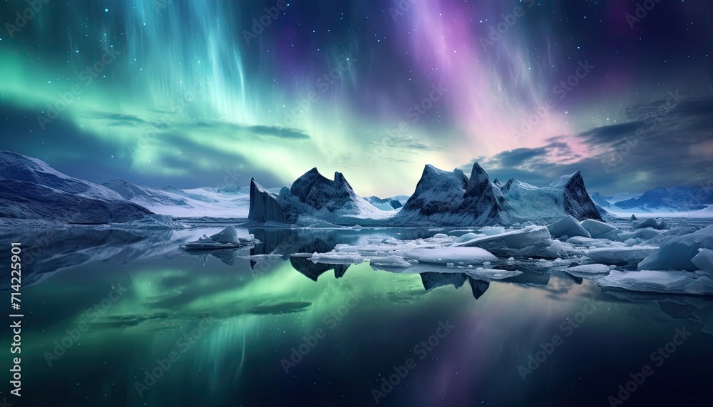 View of night sky with multicolored aurora borealis and snowy mountains peak background. Night glows in vibrant aurora reflection on the lake with forest. 