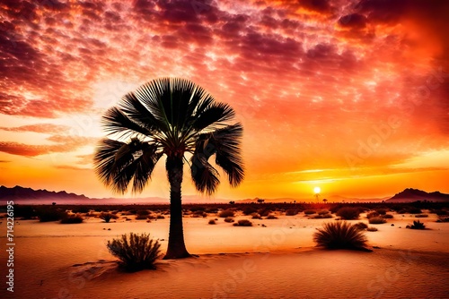 As the sun sets over the desert  a lone palm tree becomes a silhouette against the warm hues of the twilight sky