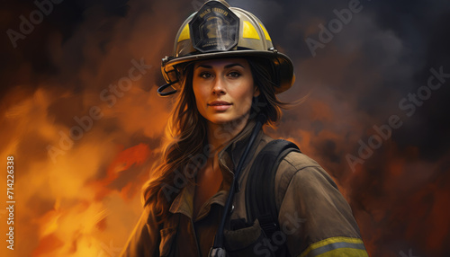 Photo of female firefighter wearing safety helmet, fire background © LFK