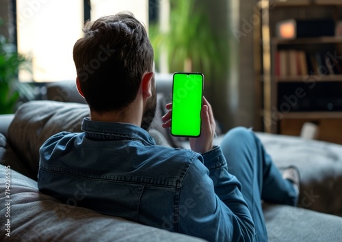 Back view portrait of a man sitting on a sofa while holding a green screen cell phone