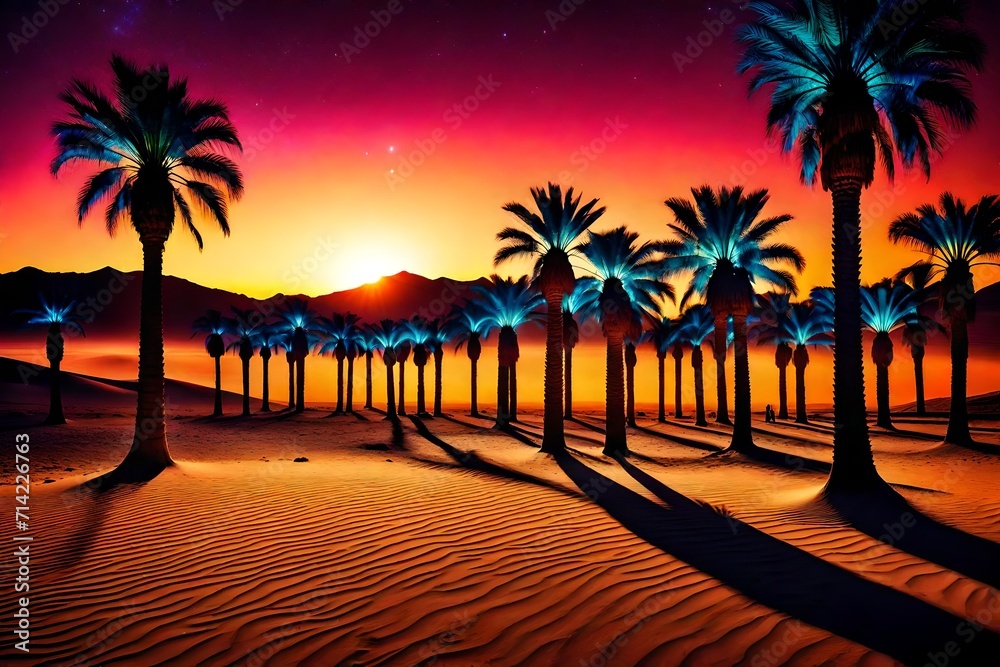As the sun sets over the desert, a lone palm tree becomes a silhouette against the warm hues of the twilight sky As the sun sets over the desert, a lone palm tree becomes a silhouette against the warm hues of the twilight sky