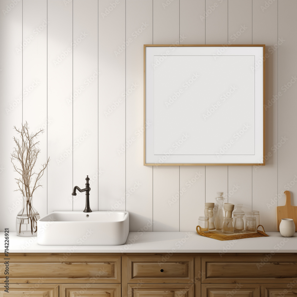 Fototapeta premium White Scandinavian farmhouse kitchen mockup interior background