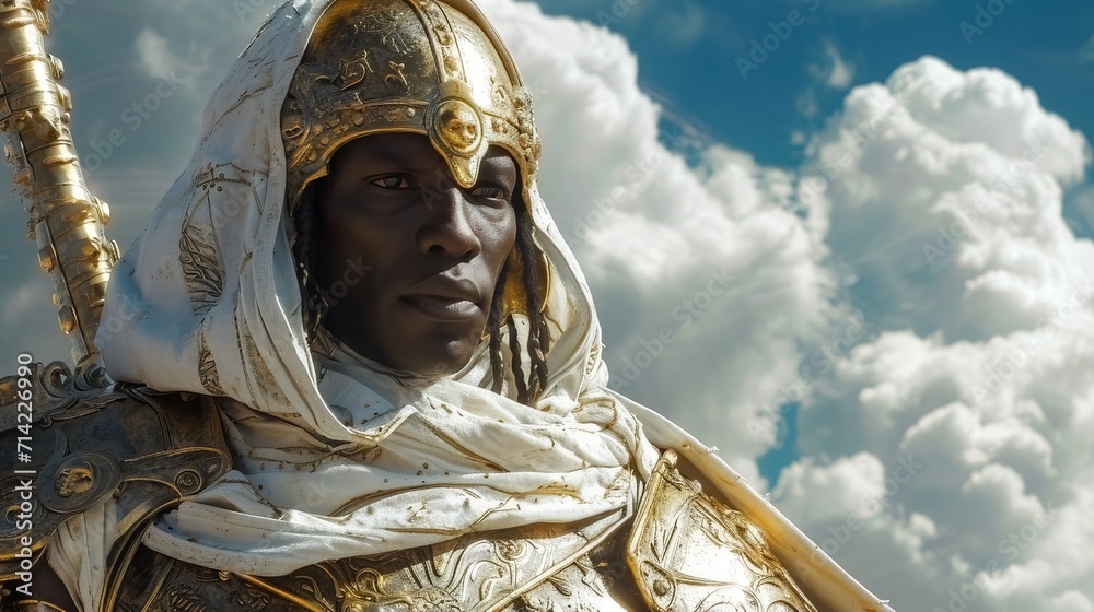African Deities in Plate Armor Amidst the Clouds. A Captivating Image African Deities in Plate Armor Amidst the Clouds. A Captivating Image