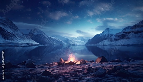 View of night sky with multicolored aurora borealis and snowy mountains peak background. Night glows in vibrant aurora reflection on the lake with forest. 