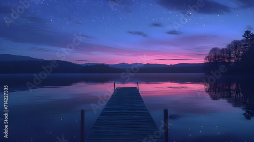 Serene Lakeside at Twilight with Reflective Water and Starry SkySerene Lakeside at Twilight with Reflective Water and Starry Sky