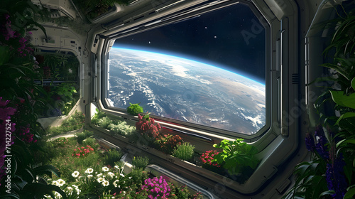 Fototapeta Naklejka Na Ścianę i Meble -  Space Station Greenhouse with Earth View