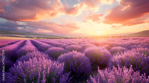 Sprawling Lavender Field at Sunset with Vibrant Sky