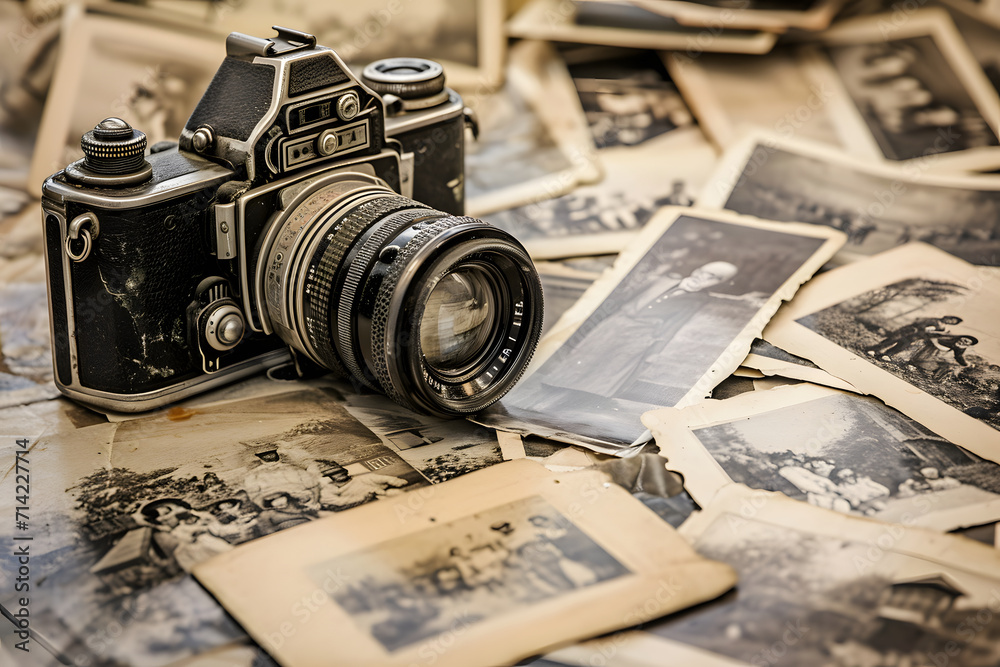Vintage Camera and Old Photographs on a Wooden Table