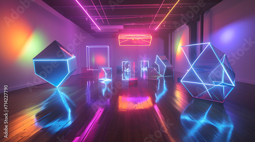 Illuminated Geometric Shapes with Vibrant Neon Lights in Modern Art Installation