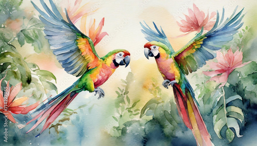 Pastelowa akwarela.  Kolorowe Papugi . Generative AI - obrazy, fototapety, plakaty 