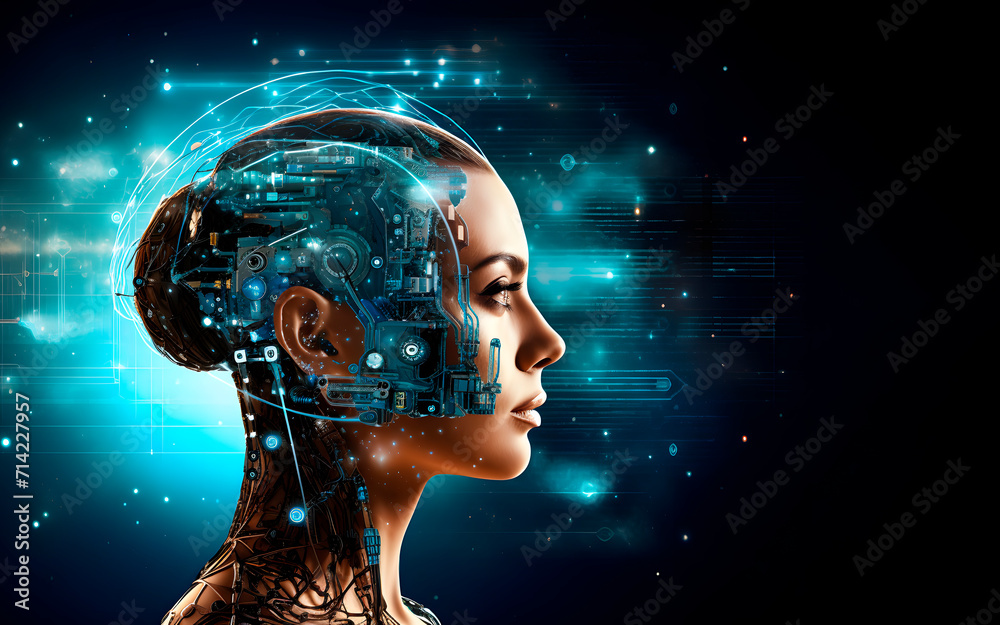 AI Artificial Intelligence Robot Head with digital graphic Brain Engine inside