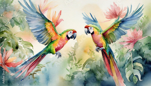 Obraz Pastelowa akwarela.  Kolorowe Papugi . Generative AI