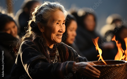 Elderly woman smiling while performing a traditional fire ritual