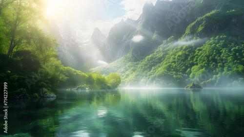 Sunlit Mountain Lake with Misty Forest Reflection