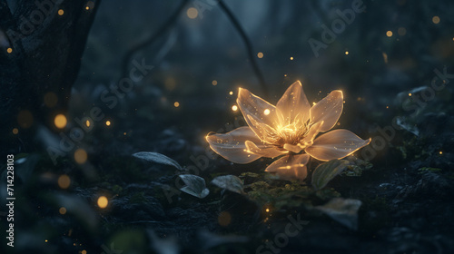 Glowing flower in the middle of a dark and night forest. Floating - Glowing particles around the flower