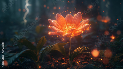 Glowing flower in the middle of a dark and night forest. Floating - Glowing particles around the flower © GeorgeAI