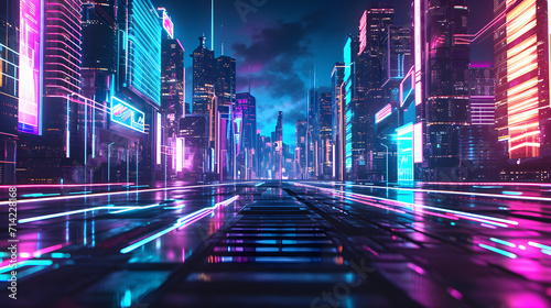 Futuristic Cityscape with Neon Lights and Skyscrapers at Night