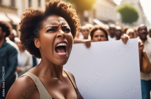 angry black woman screaming with poster on street. female activist striking against rights violation photo
