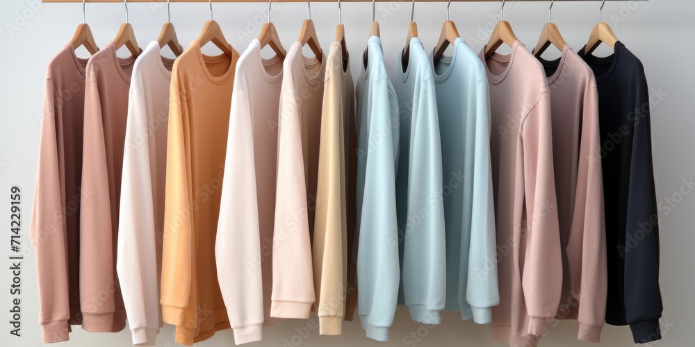 Pastel-colored sweatshirts hang on a hanger Pastel-colored sweatshirts hang on a hanger