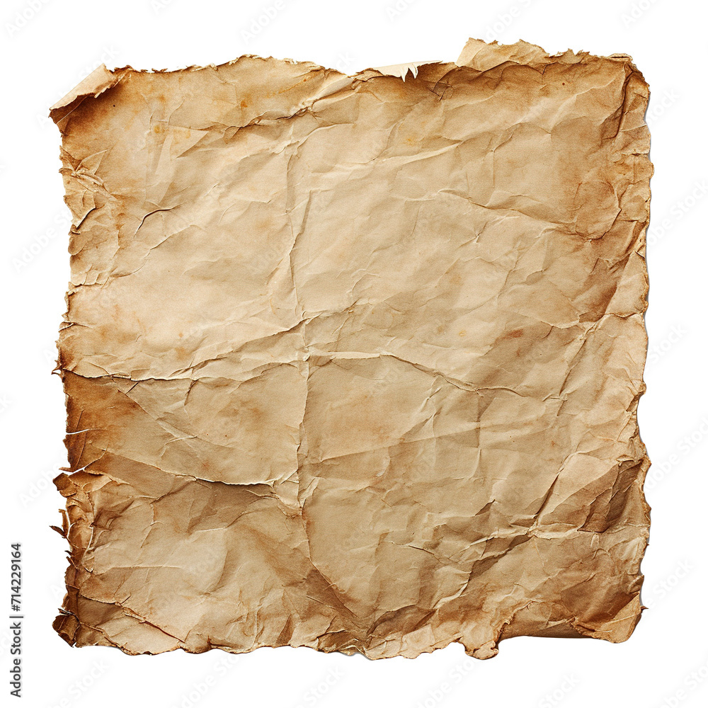 Aged brown sheet of paper, square shape. On transparent background. Ripped, jagged page. With empty space for text.