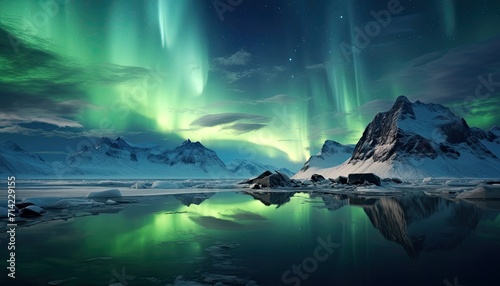 View of night sky with multicolored aurora borealis and snowy mountains peak background. Night glows in vibrant aurora reflection on the lake with forest. 